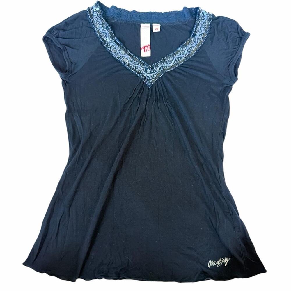 Miss sixty (60) black beaded cap sleeve blouse with silver sequin trim